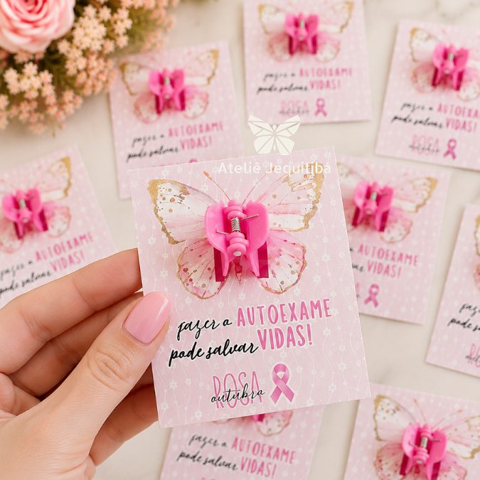 12 Card Com Presilha, Prendedor Outubro Rosa - reto