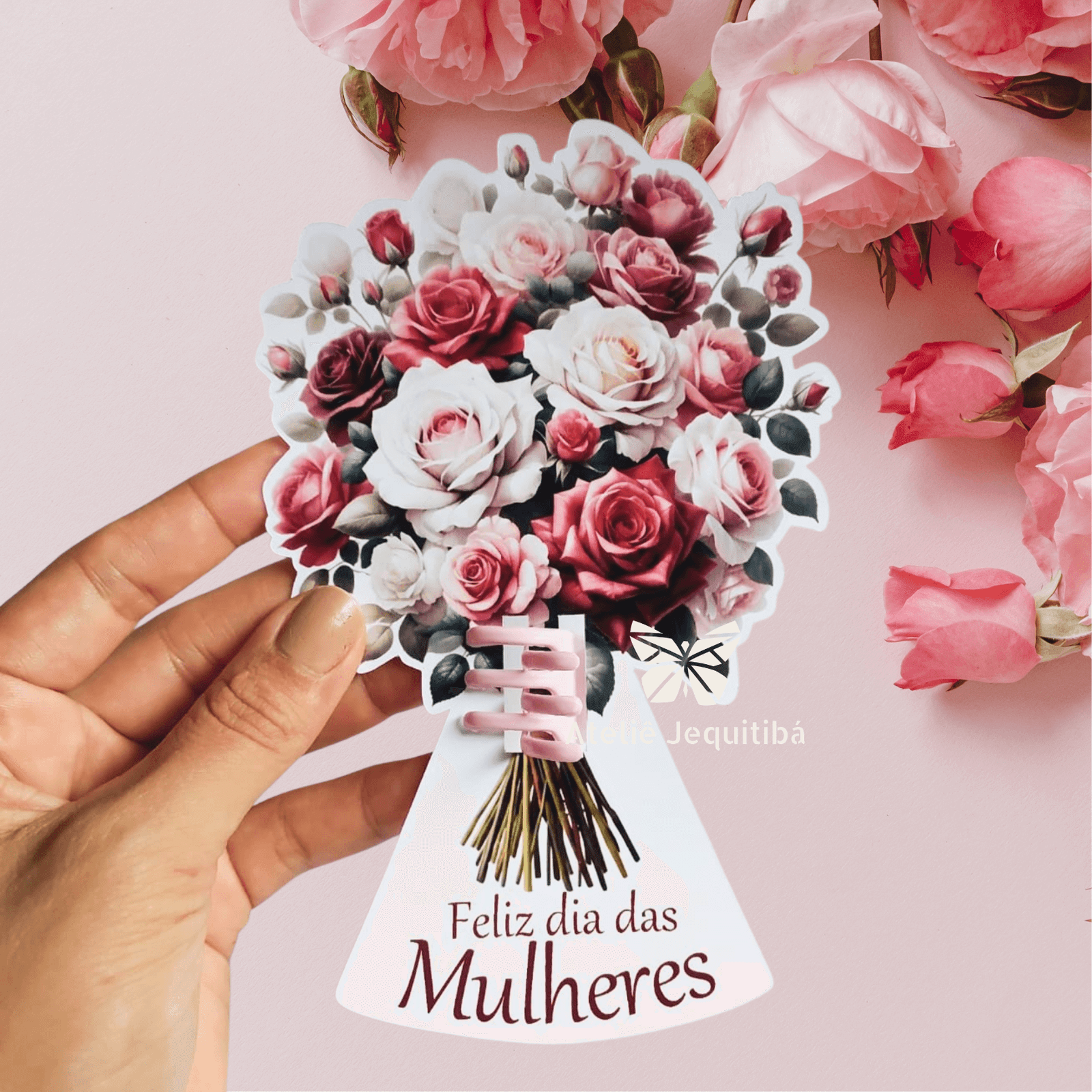 10 Card Buquê de Flores com Presilha Dia da Mulher