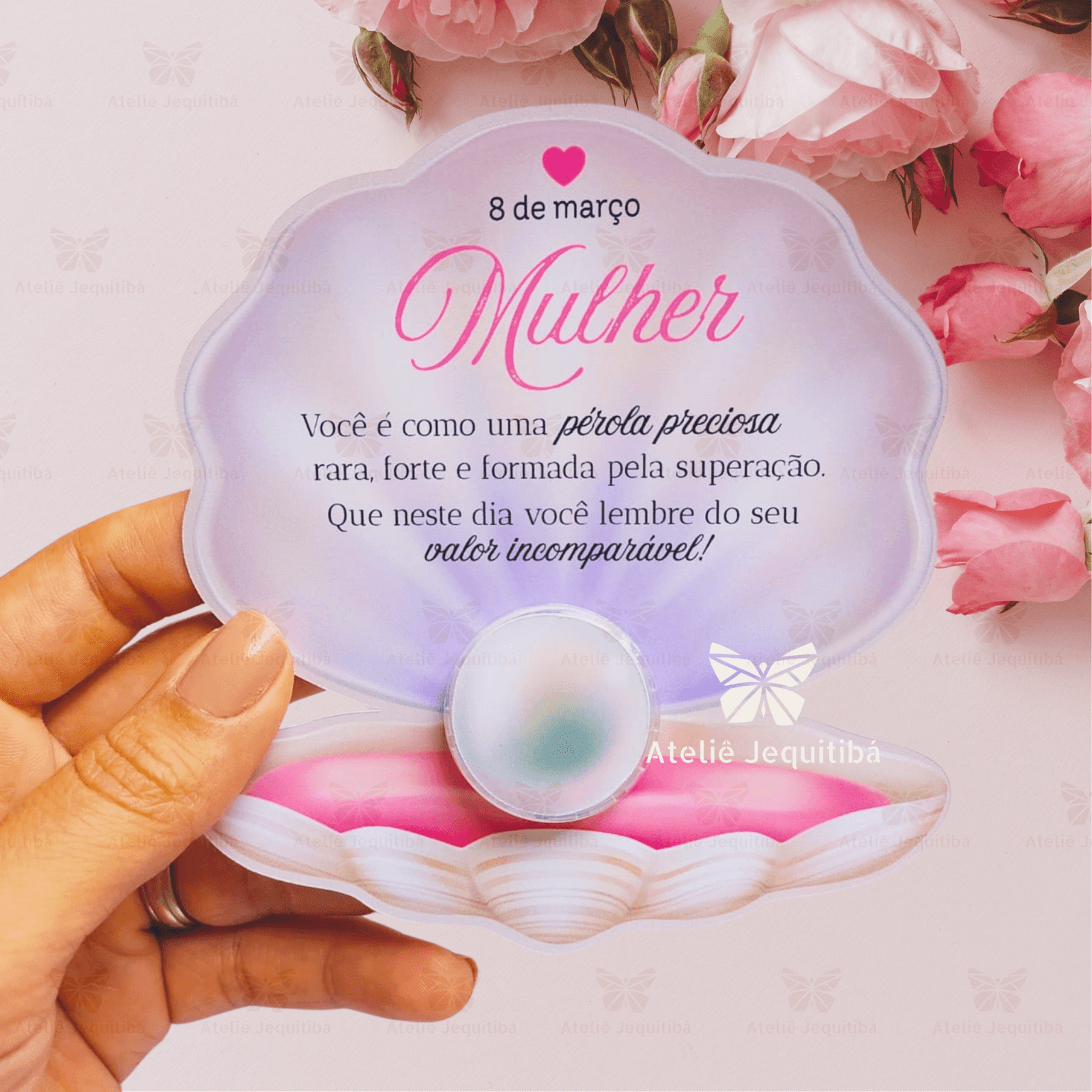 12 Cards Pérola com Potinho Hidratante Dia da Mulher