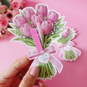 20 Cards Buquê de Tulipas com Mini Lixa e Escovinha Dia das Mães