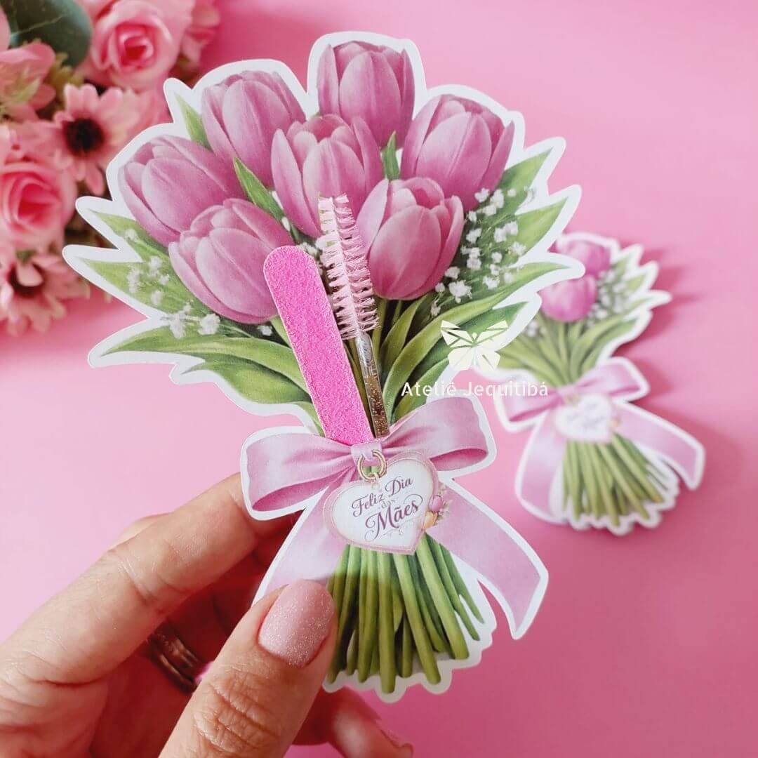 20 Cards Buquê de Tulipas com Mini Lixa e Escovinha Dia das Mães